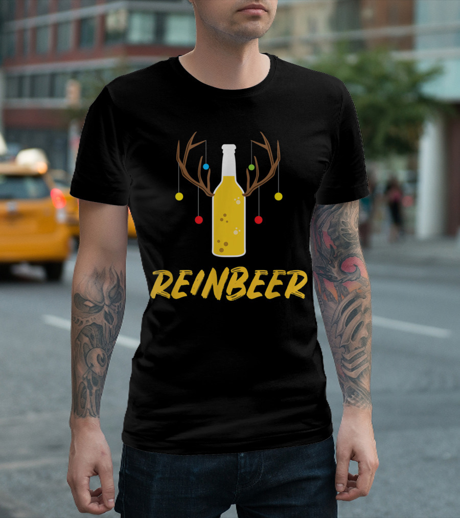Reinbeer Antlered Bottle With Christmas Lights Beer Lover Pun T-Shirt
