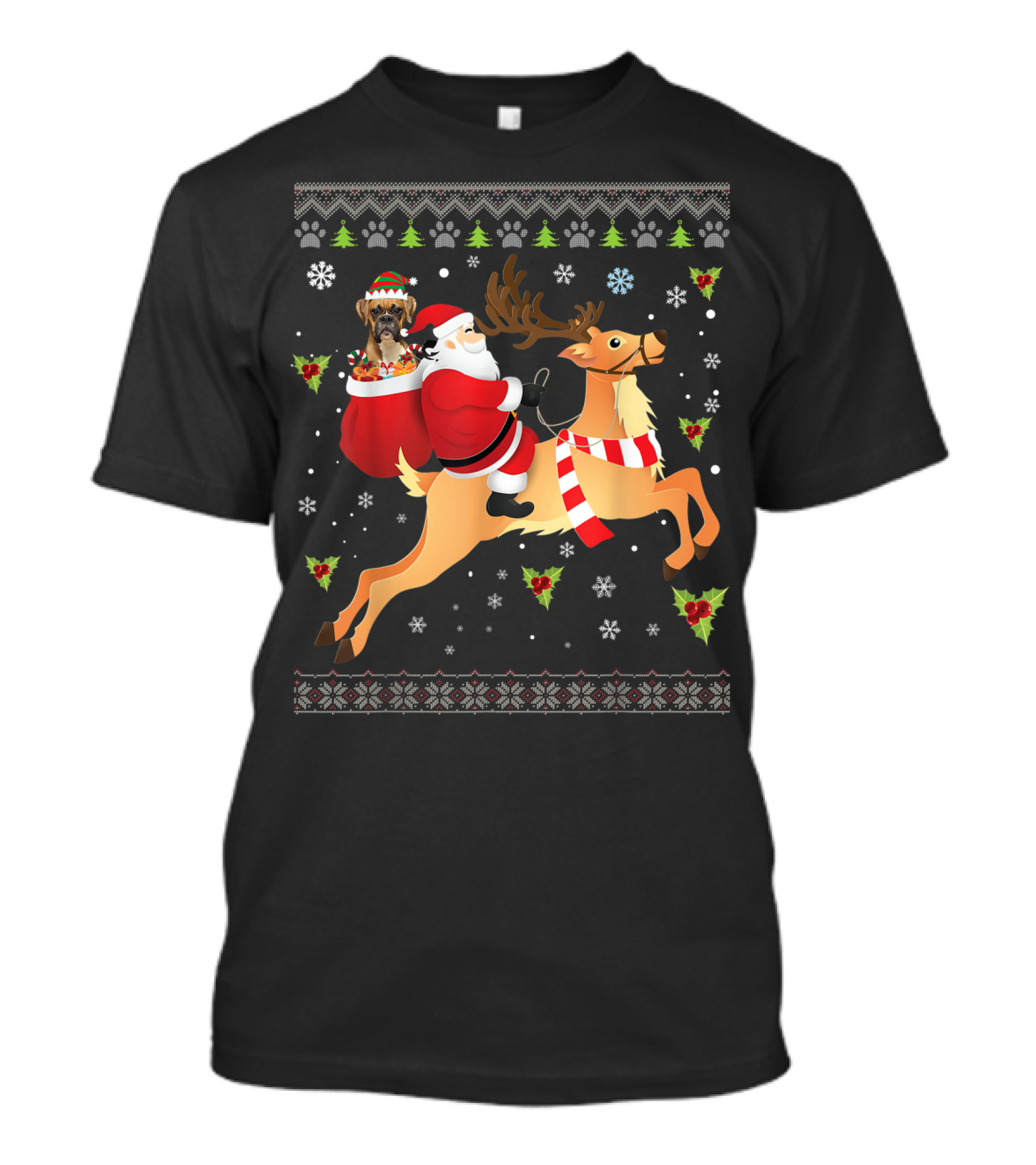 Santa Riding Reindeer With Boxer Dog And Christmas Presents T-Shirt