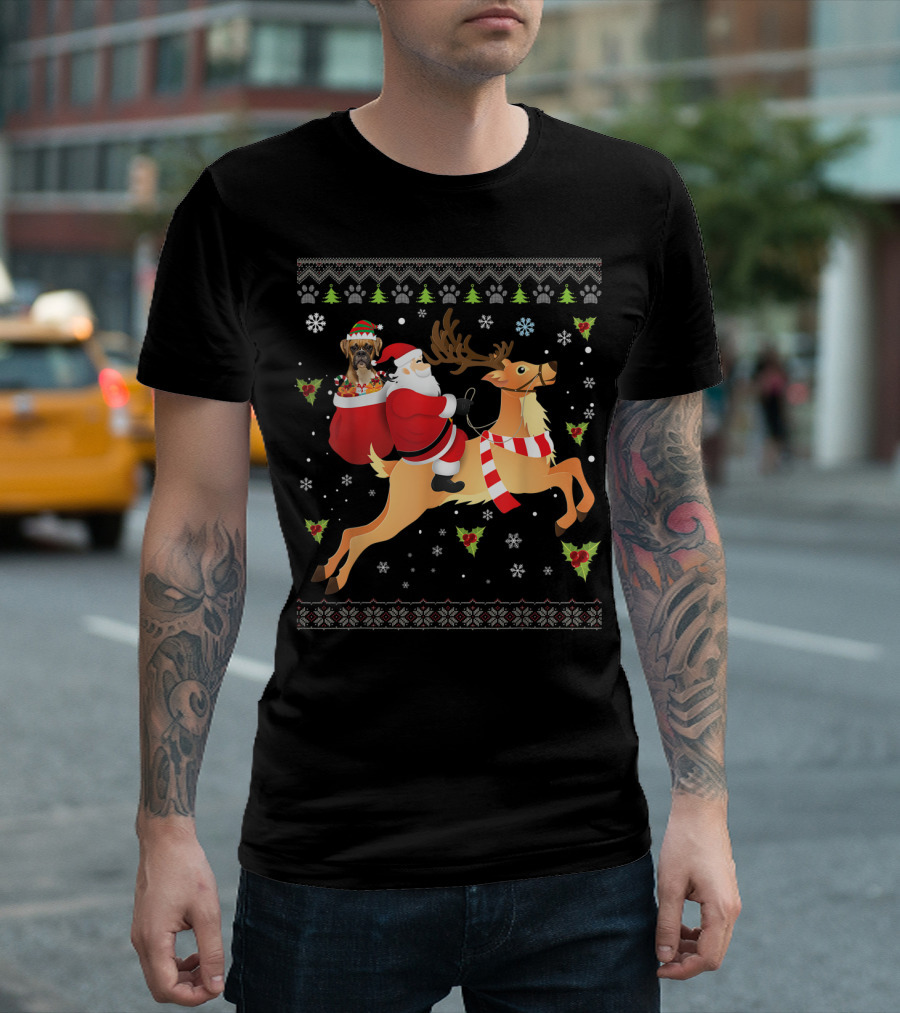 Santa Riding Reindeer With Boxer Dog And Christmas Presents T-Shirt