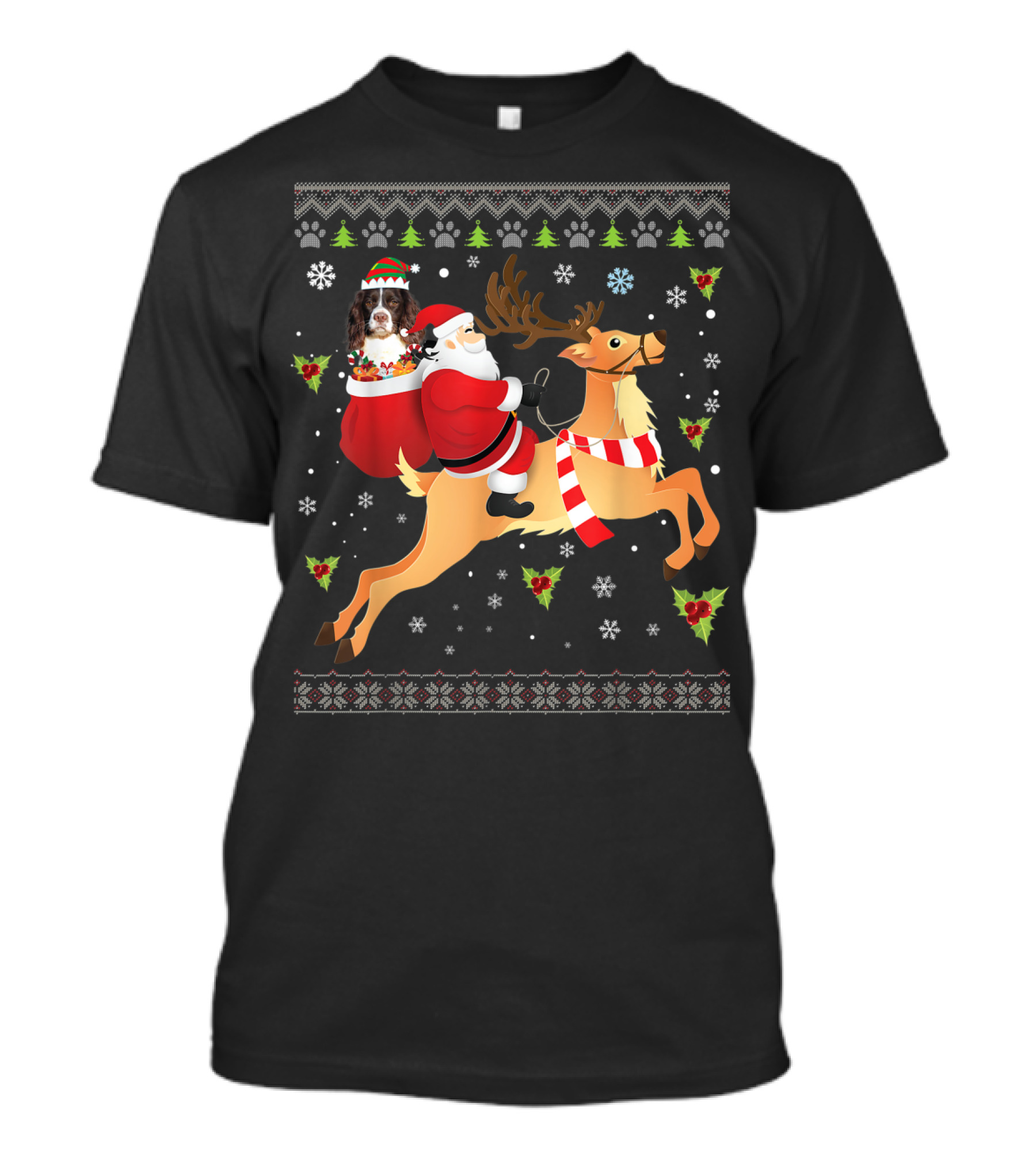 Santa Riding Reindeer With English Springer Spaniel In Sack T-Shirt