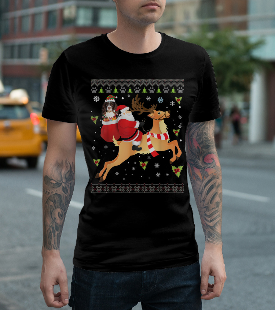 Santa Riding Reindeer With English Springer Spaniel In Sack T-Shirt