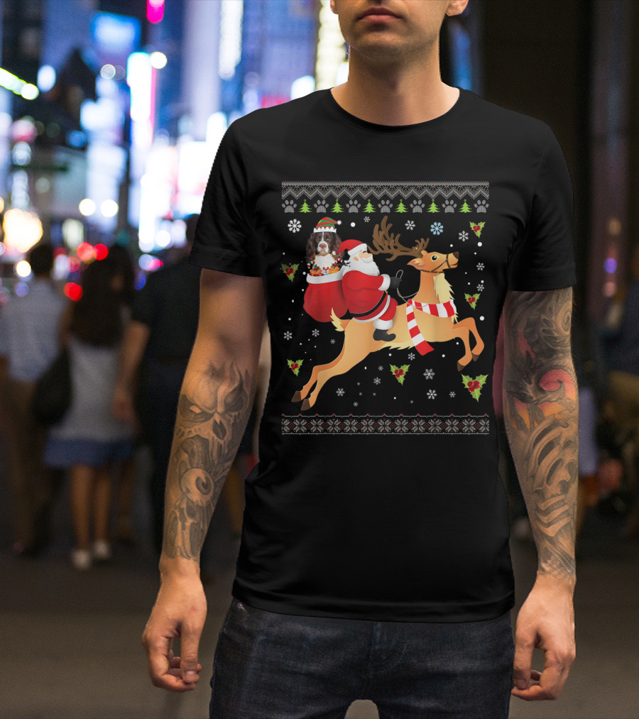 Santa Riding Reindeer With English Springer Spaniel In Sack T-Shirt