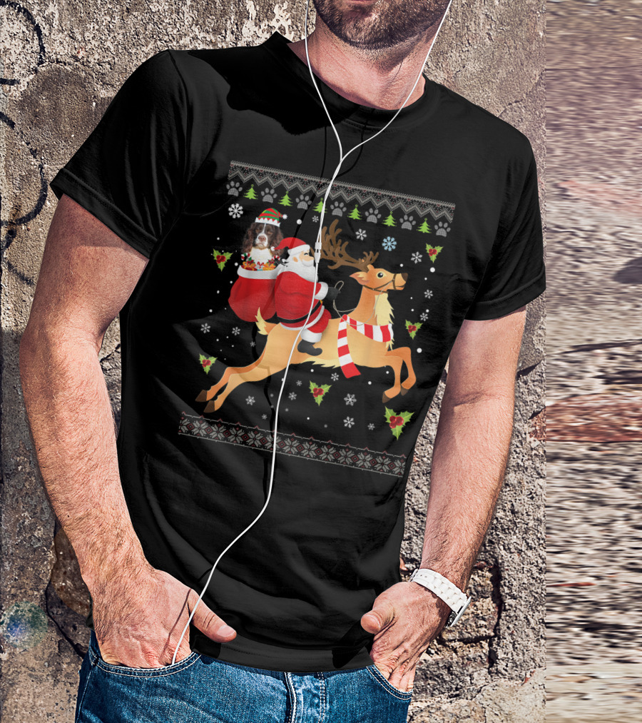 Santa Riding Reindeer With English Springer Spaniel In Sack T-Shirt