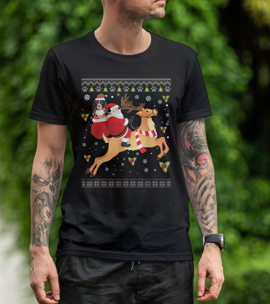 Santa Riding Reindeer With English Springer Spaniel In Sack T-Shirt