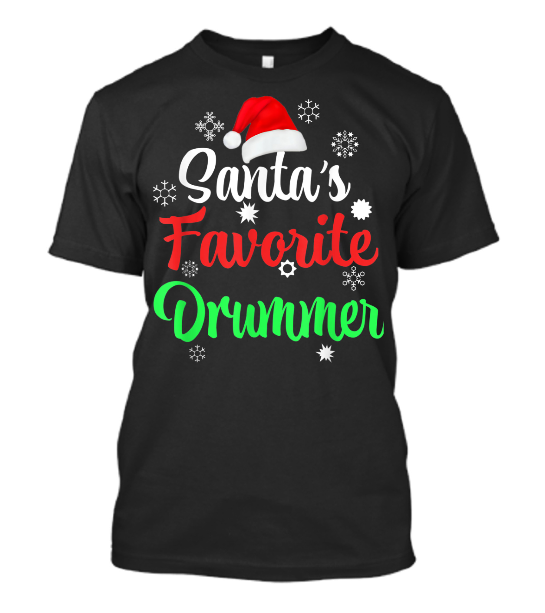 Santa's Favorite Drummer Christmas Santa Hat Snowflakes T-Shirt