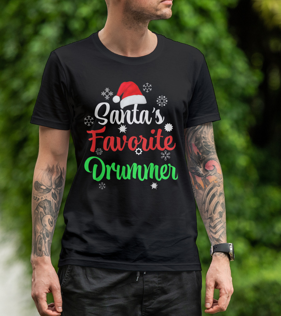 Santa's Favorite Drummer Christmas Santa Hat Snowflakes T-Shirt