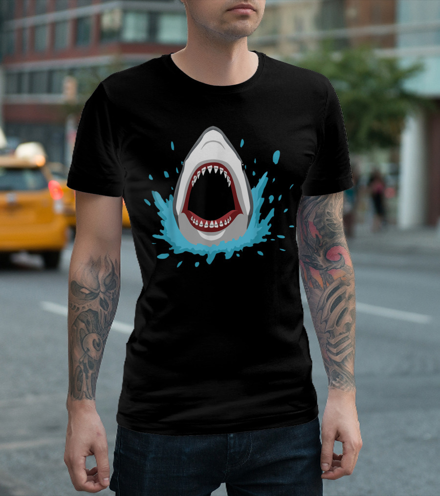 Shark Braces Splashing Water Open Mouth with Teeth T-Shirt