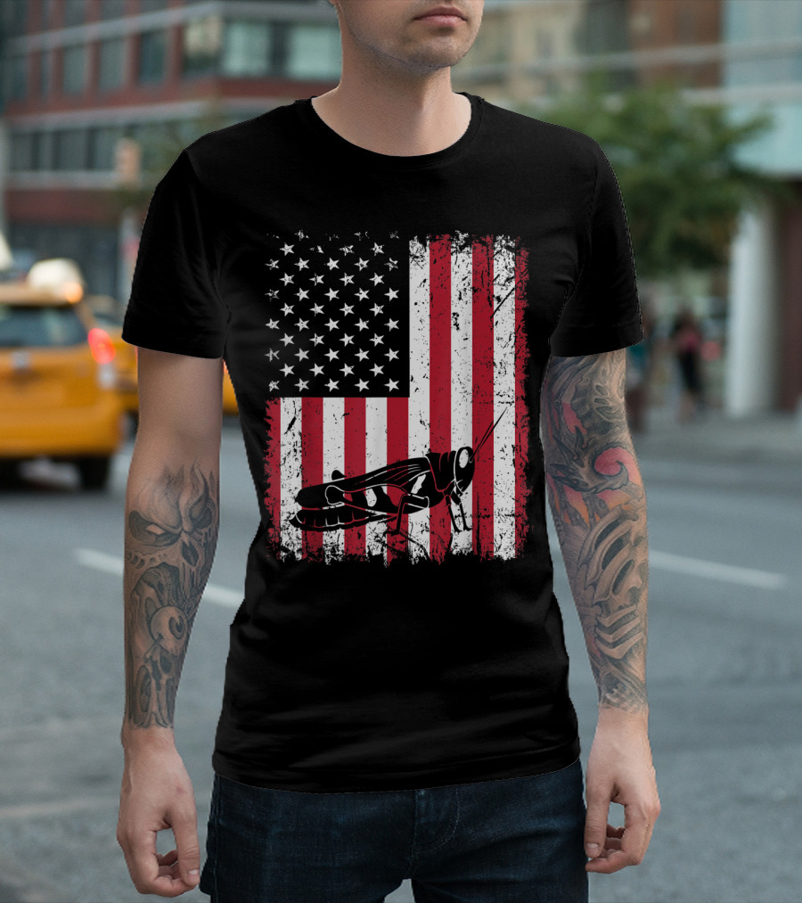 Vintage Grasshopper Silhouette On Distressed American Flag T-Shirt
