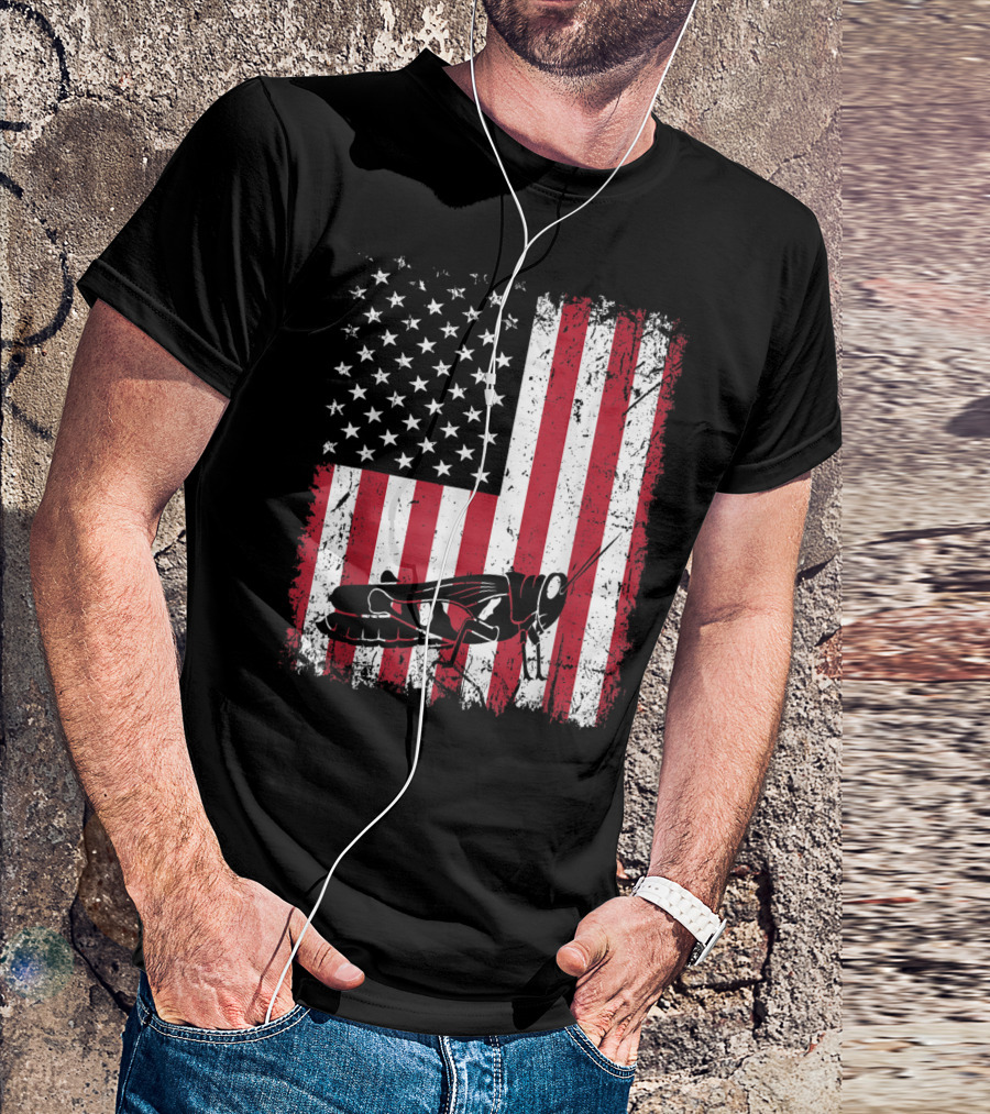Vintage Grasshopper Silhouette On Distressed American Flag T-Shirt