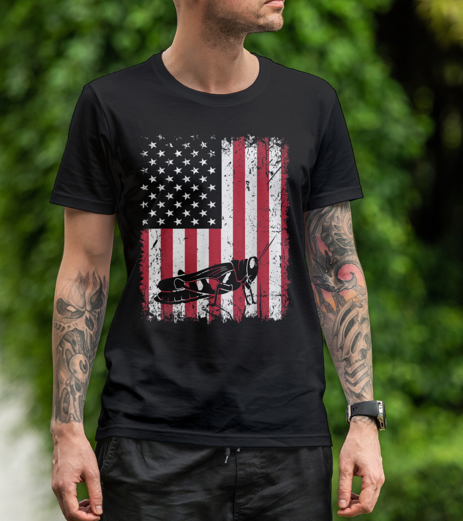 Vintage Grasshopper Silhouette On Distressed American Flag T-Shirt