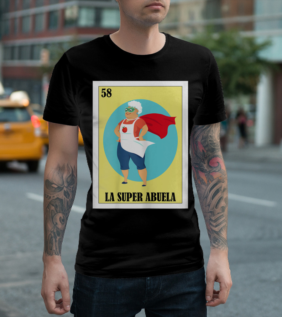 Loteria Card 58 La Super Abuela With Red Cape And Apron T-Shirt
