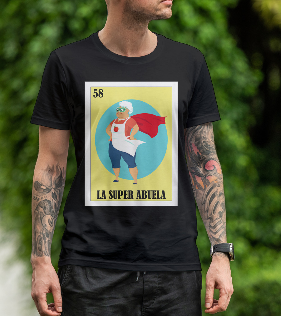 Loteria Card 58 La Super Abuela With Red Cape And Apron T-Shirt