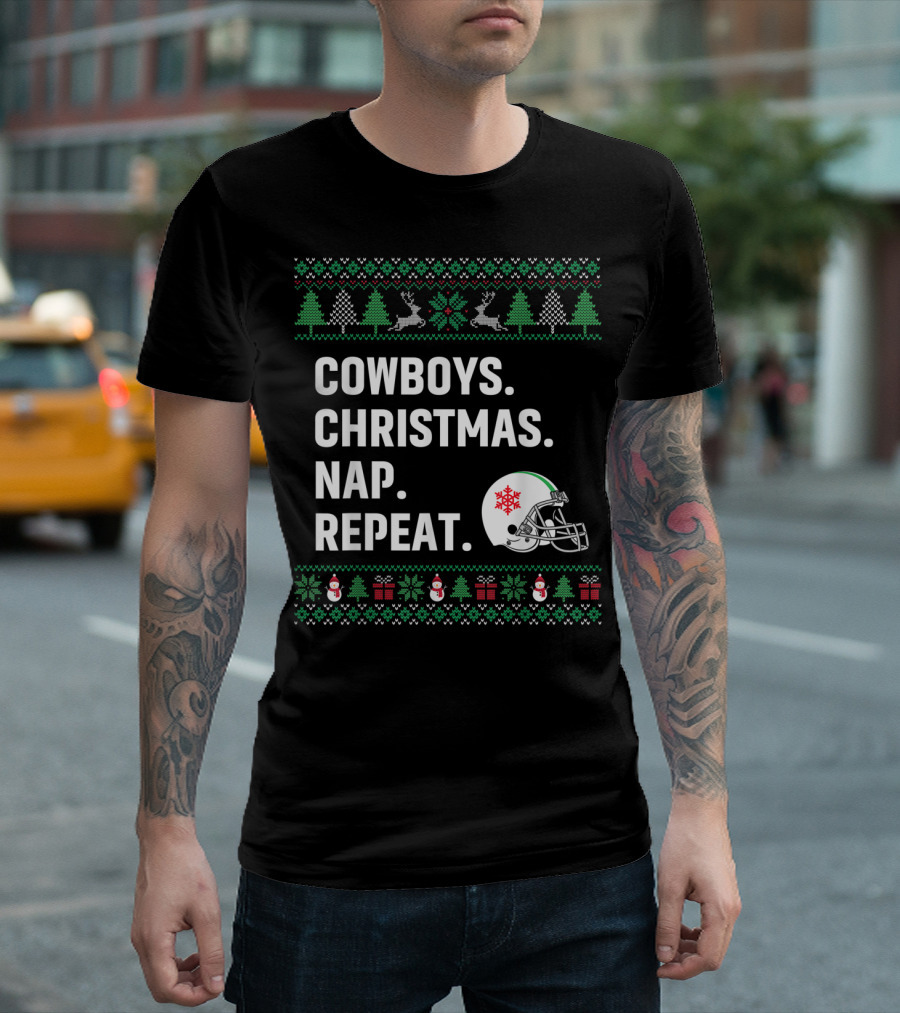 Cowboys Christmas Nap Repeat Ugly Sweaters Football Helmet Trees Snowflakes Reindeer Snowmen Gifts T-Shirt