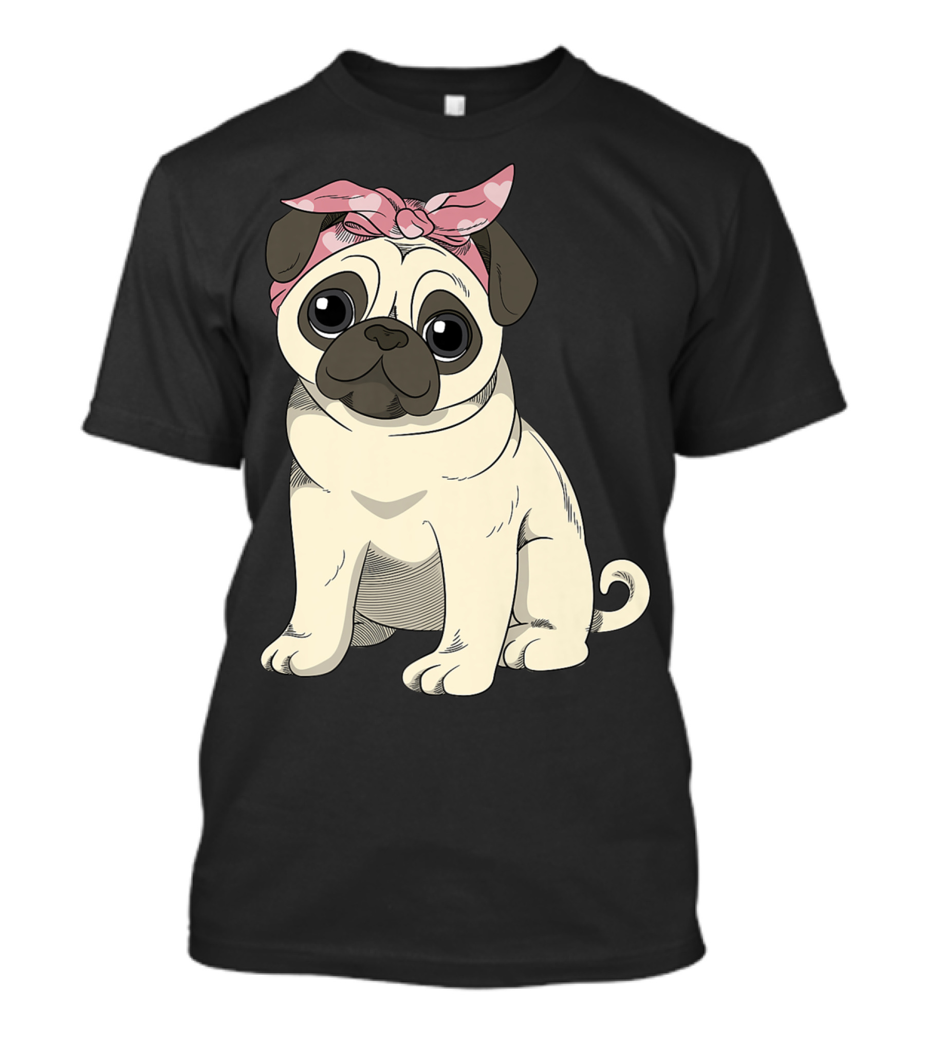 Cute Pug Girl With Heart Patterned Pink Bandana T-Shirt