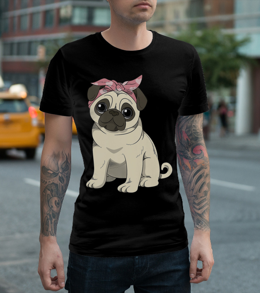 Cute Pug Girl With Heart Patterned Pink Bandana T-Shirt
