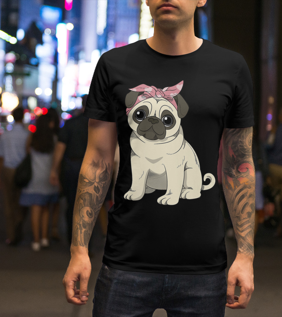 Cute Pug Girl With Heart Patterned Pink Bandana T-Shirt
