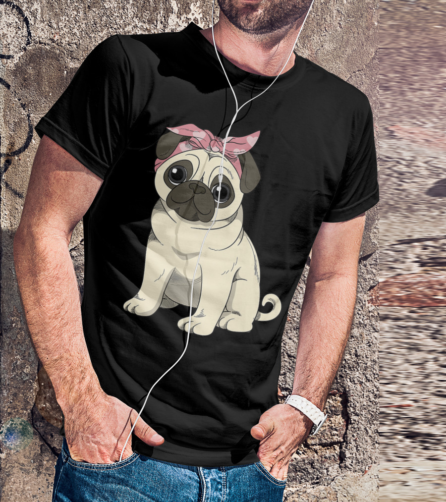 Cute Pug Girl With Heart Patterned Pink Bandana T-Shirt