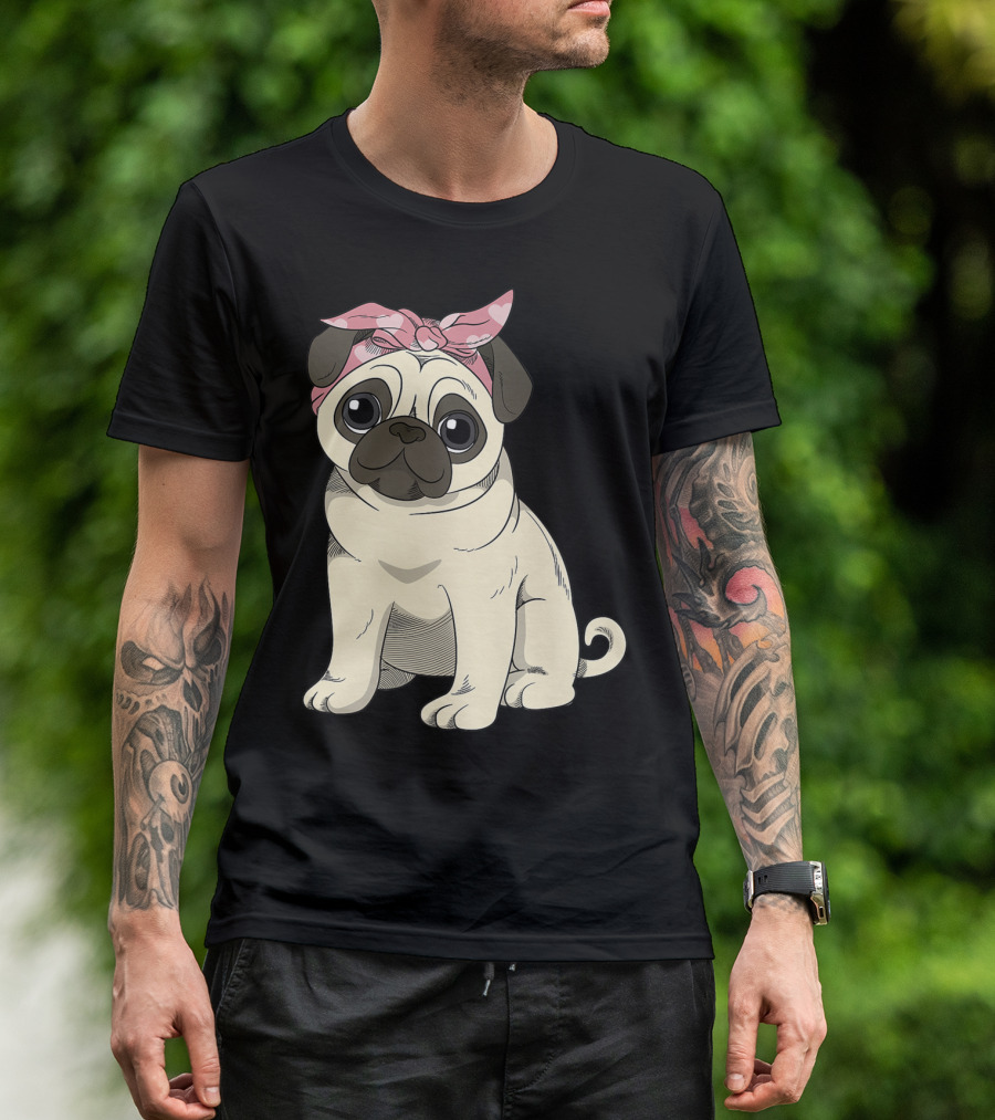 Cute Pug Girl With Heart Patterned Pink Bandana T-Shirt