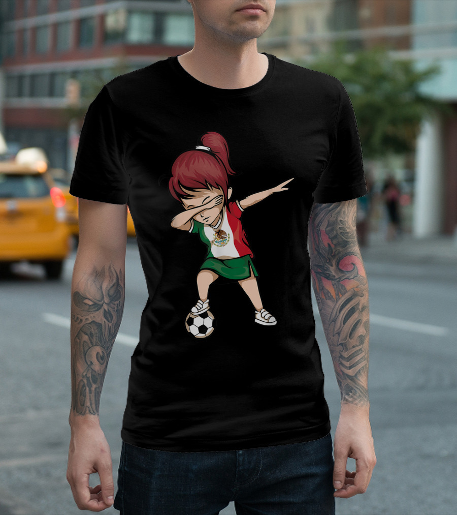 Dabbing Soccer Girl In Mexican Jersey With Mexico Flag T-Shirt