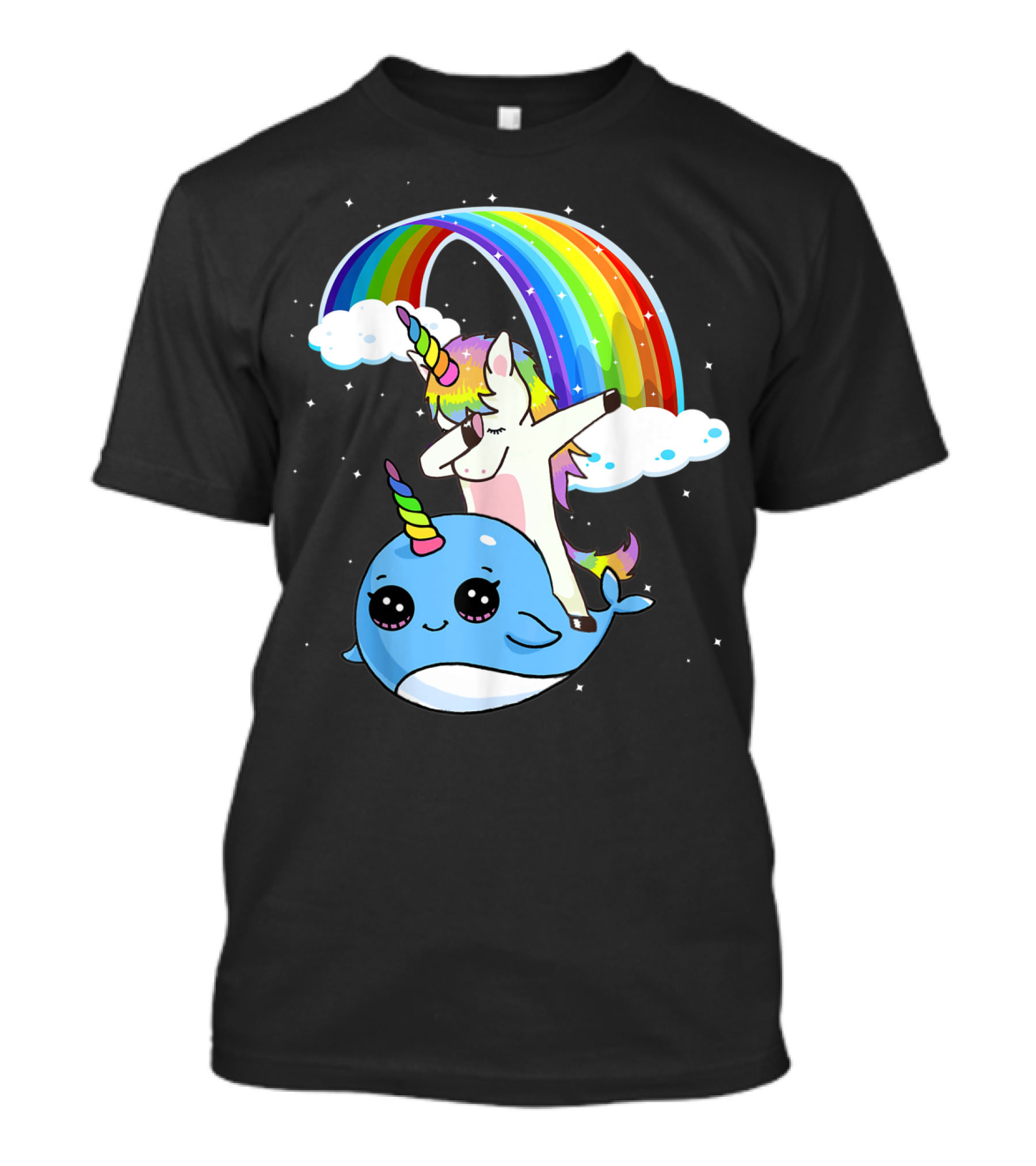 Dabbing Unicorn Riding Cute Narwhal With Colorful Rainbow And Clouds T-Shirt