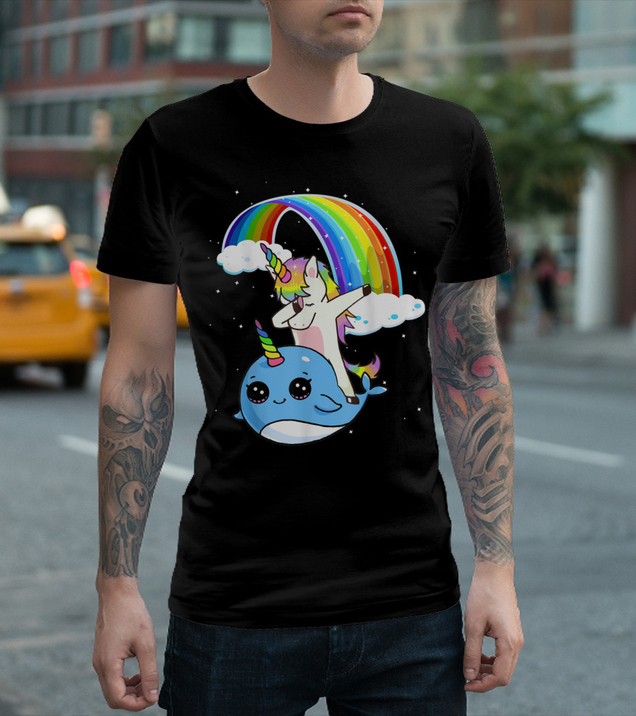 Dabbing Unicorn Riding Cute Narwhal With Colorful Rainbow And Clouds T-Shirt