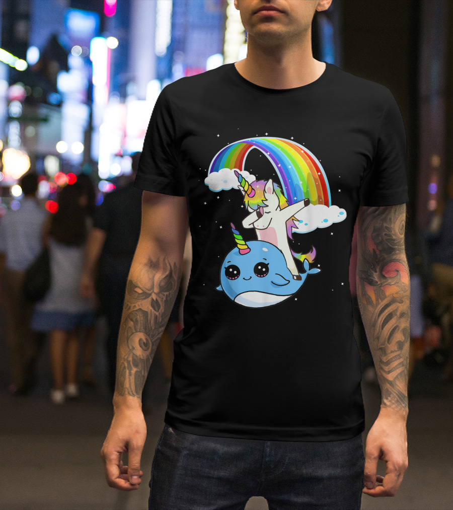 Dabbing Unicorn Riding Cute Narwhal With Colorful Rainbow And Clouds T-Shirt