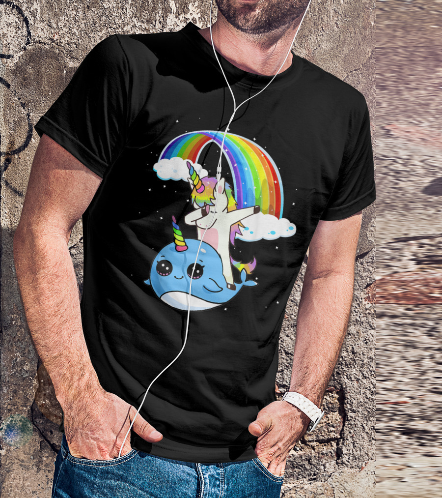 Dabbing Unicorn Riding Cute Narwhal With Colorful Rainbow And Clouds T-Shirt