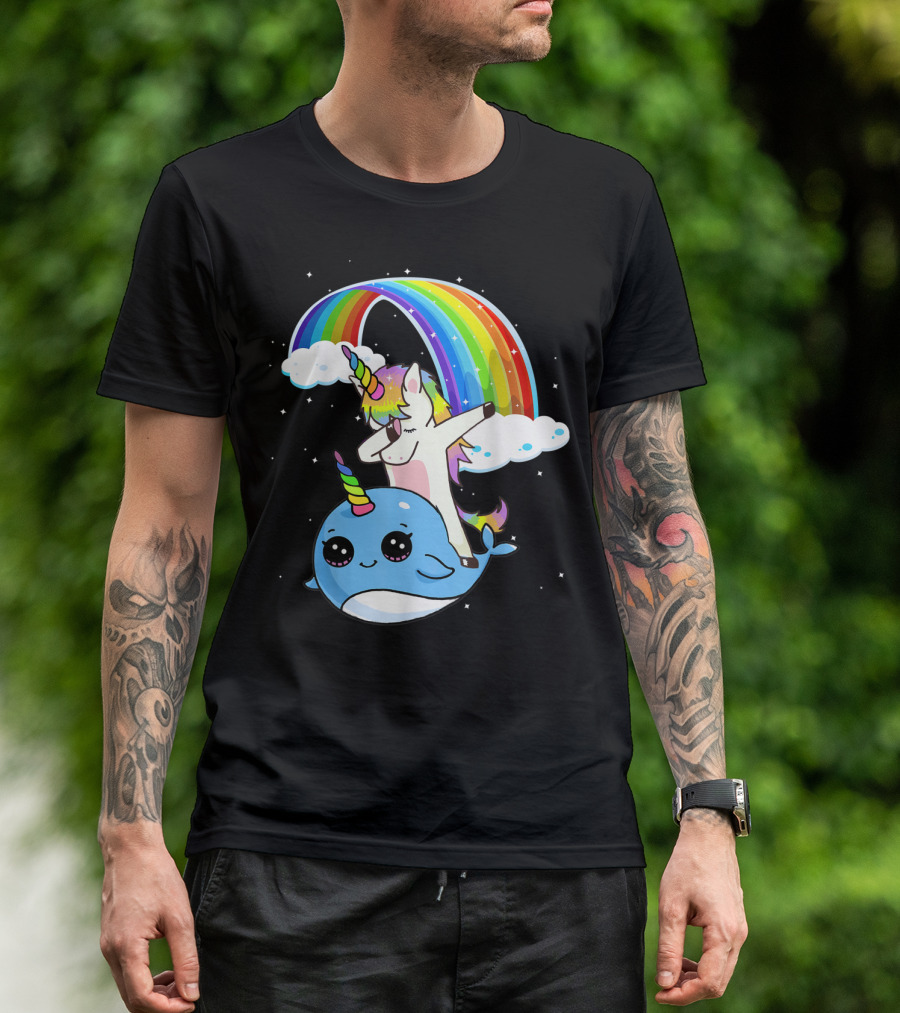 Dabbing Unicorn Riding Cute Narwhal With Colorful Rainbow And Clouds T-Shirt