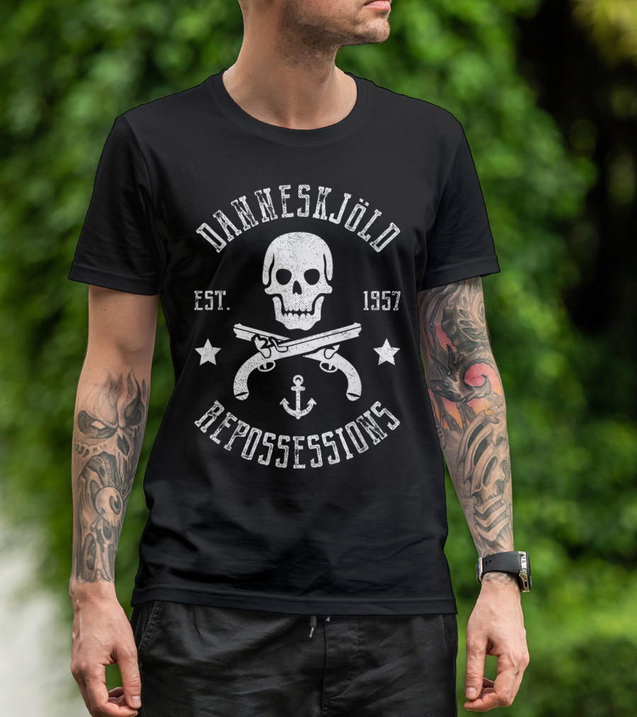 Danneskjold Repossessions Pirate Skull With Crossed Pistols Est. 1957 Anchor Stars T-Shirt