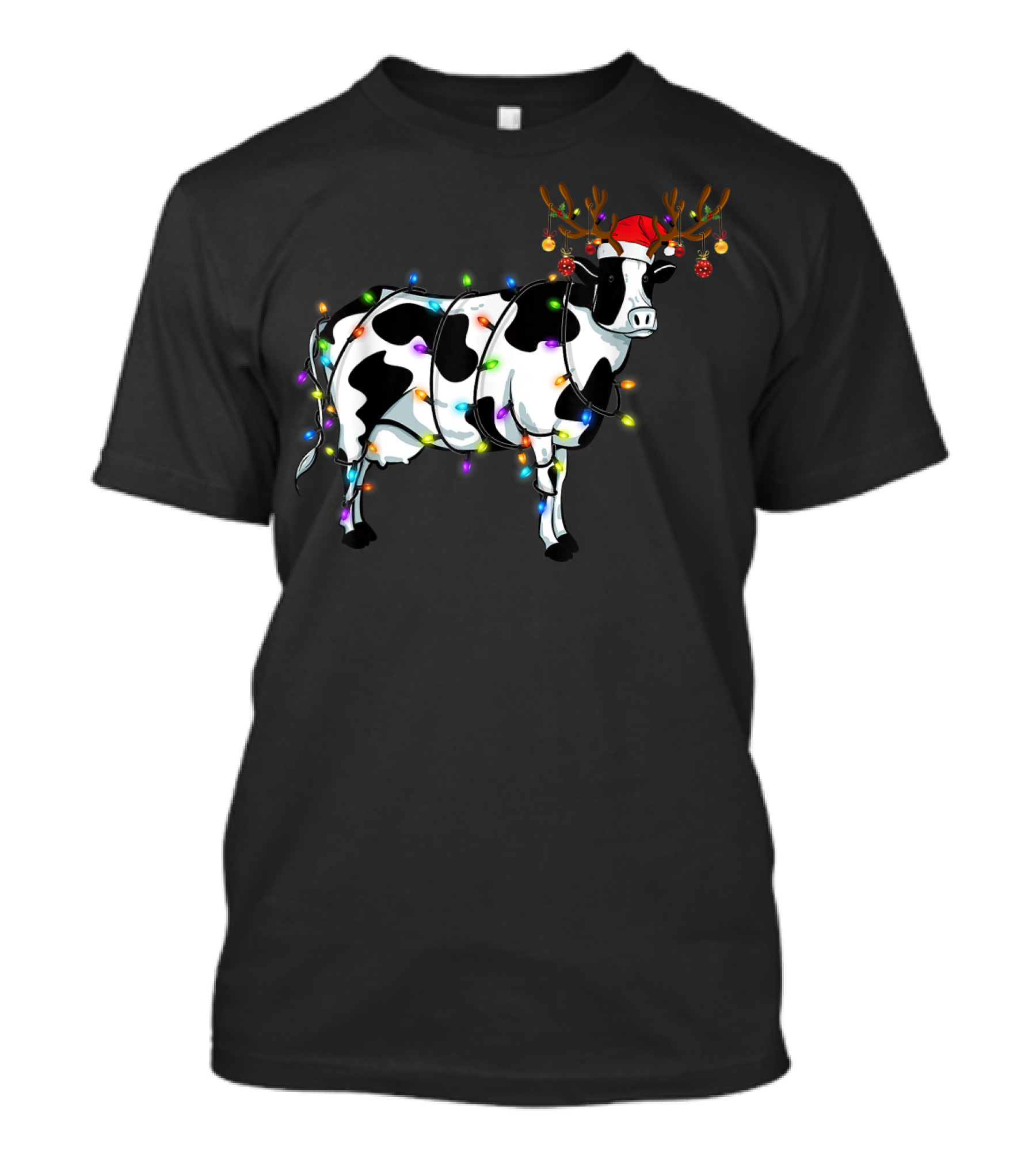 Funny Cow Reindeer Wearing Christmas Lights And Santa Hat T-Shirt