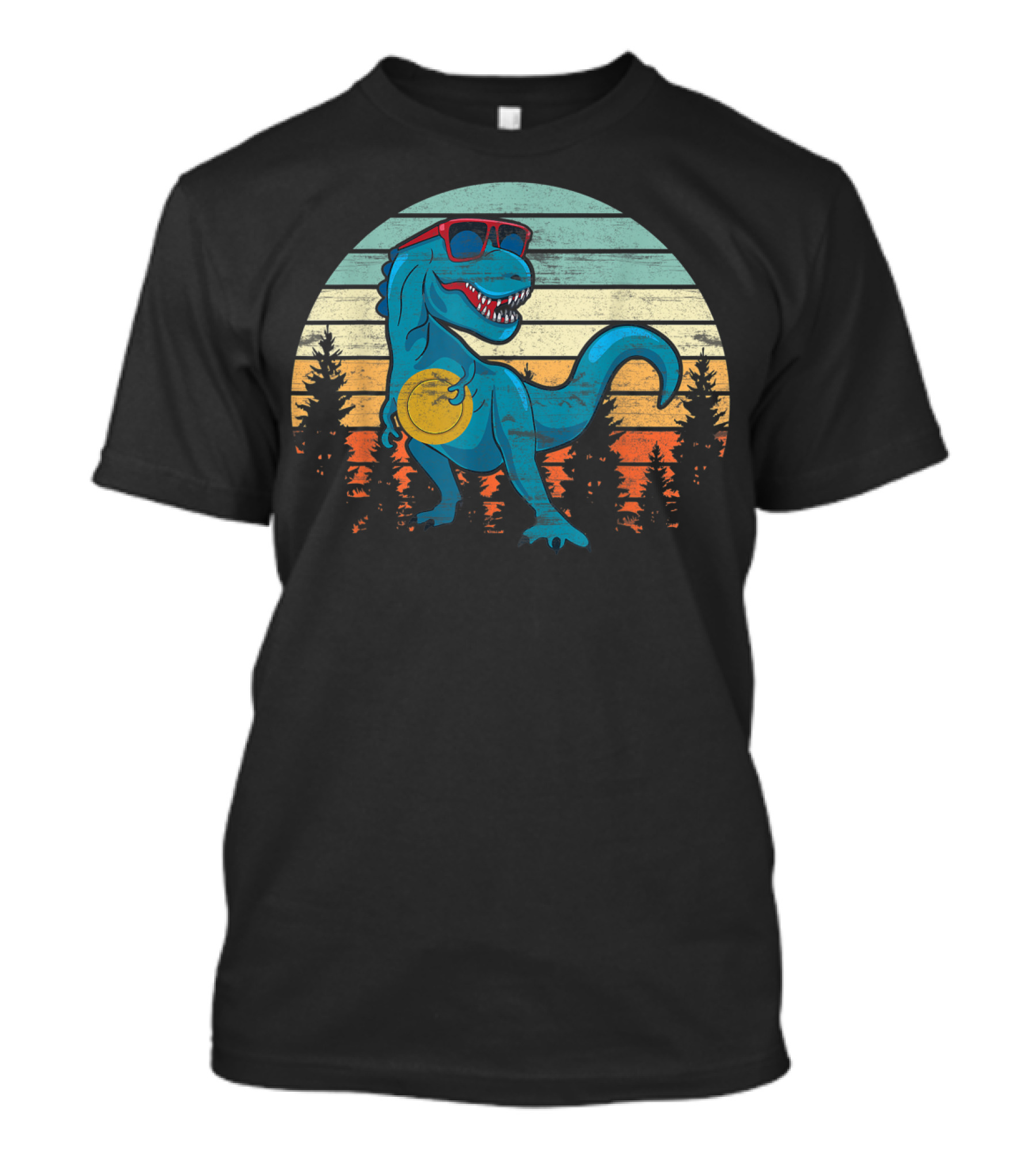 Retro Sunset Funny Disc Golf Dinosaur With Sunglasses T-Shirt