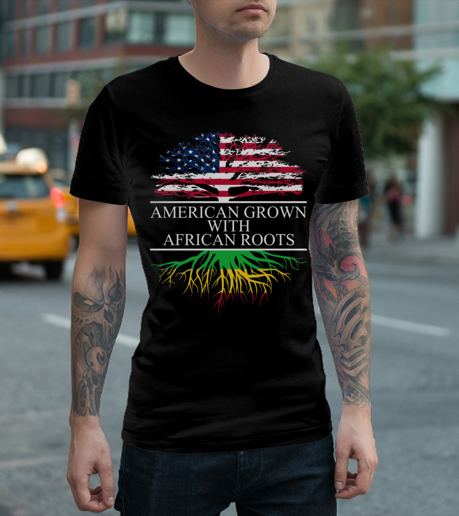 American Grown With African Roots Flag and Tree Symbolism T-Shirt