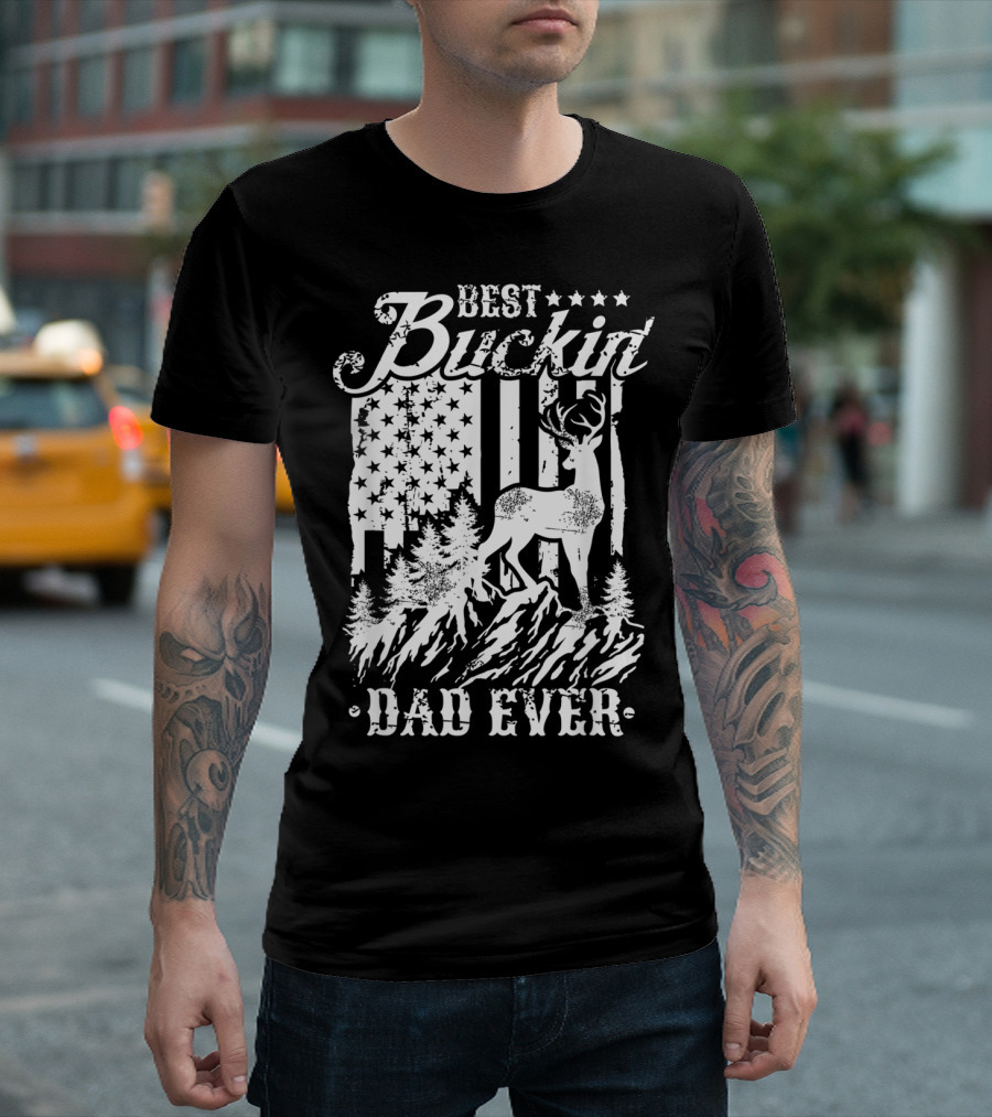 Best Buckin Dad Ever Deer Hunting Father's American Flag Deer and Mountains T-Shirt