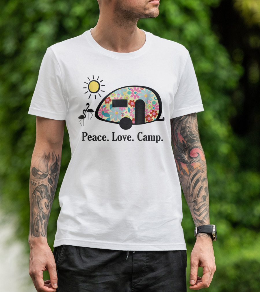 Peace Love Camp Floral Camper Sunshine Flamingo T-Shirt