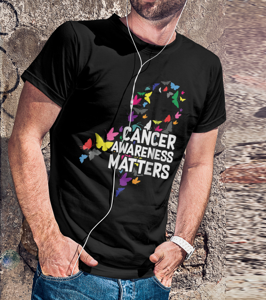 Cancer Awareness Matters Ribbon With Colorful Butterflies T-Shirt