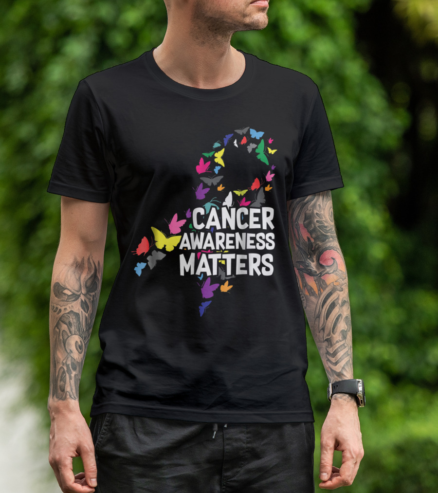 Cancer Awareness Matters Ribbon With Colorful Butterflies T-Shirt