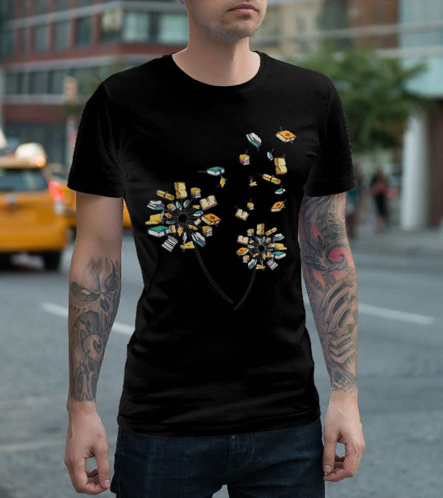 Dandelion Flower Books Flying Open Pages Reading Fan T-Shirt
