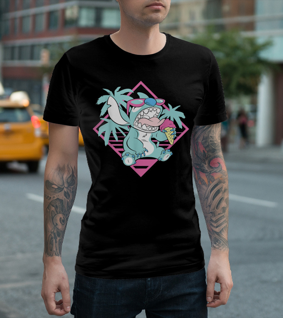 Disney Lilo Stitch Ice Cream 90s Beach Palm Trees Sunglasses T-Shirt