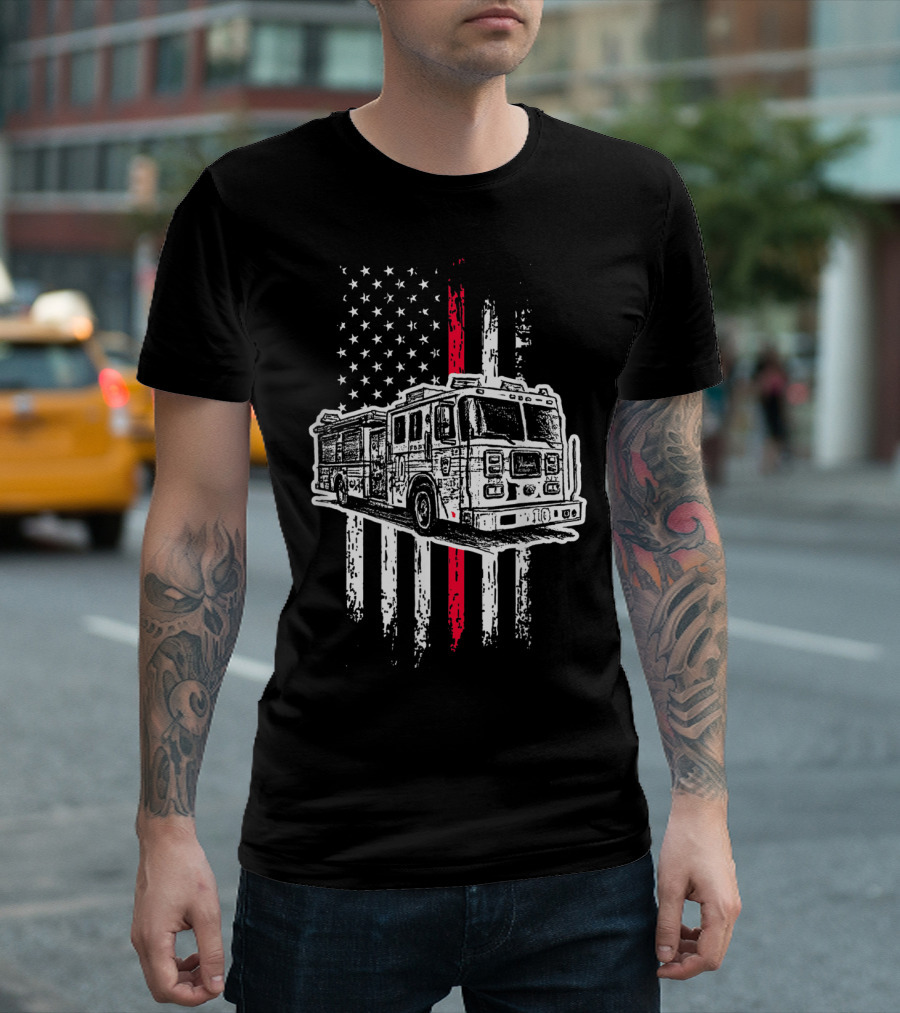 Fireman American Flag Red Line US Firefighter Truck Iconic T-Shirt