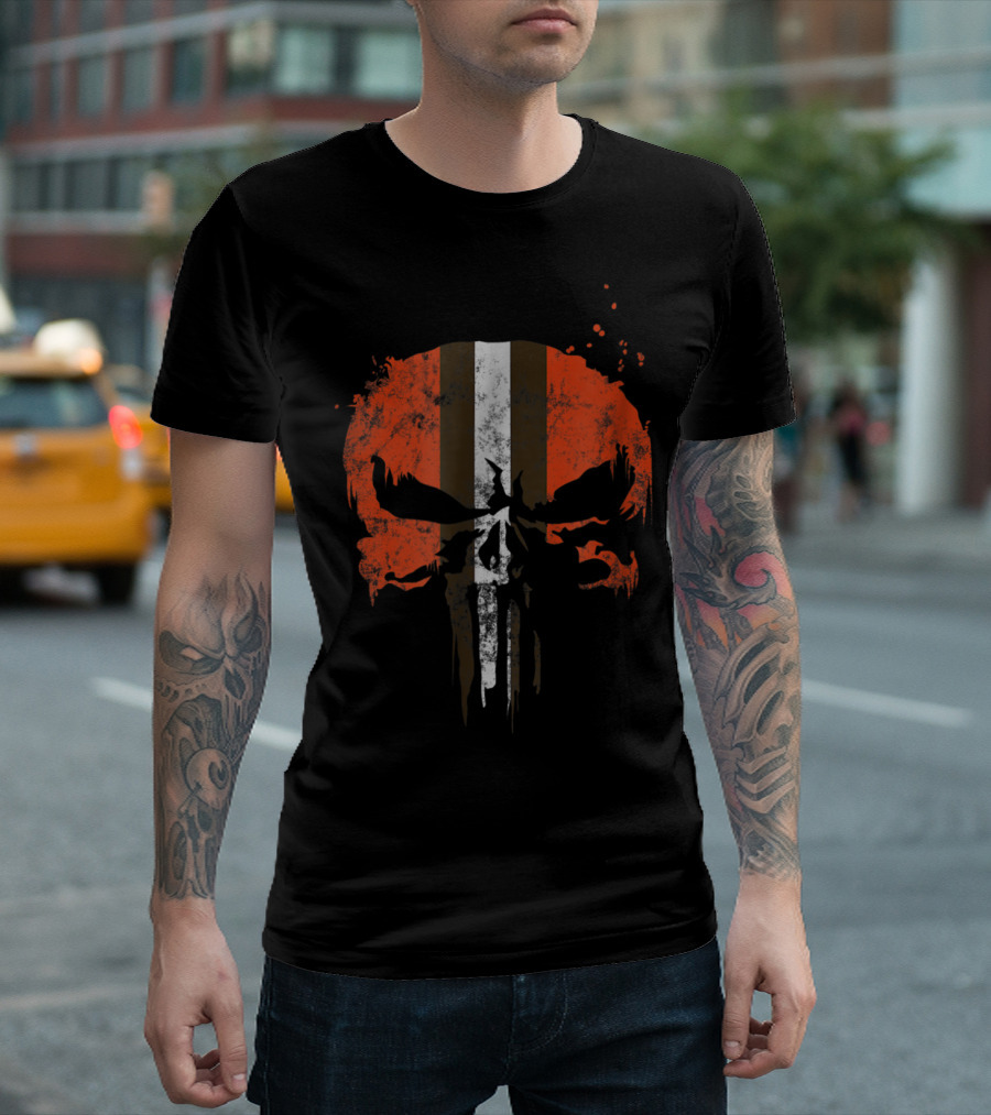 Football Helmet Skull Orange Brown White Stripe T-Shirt