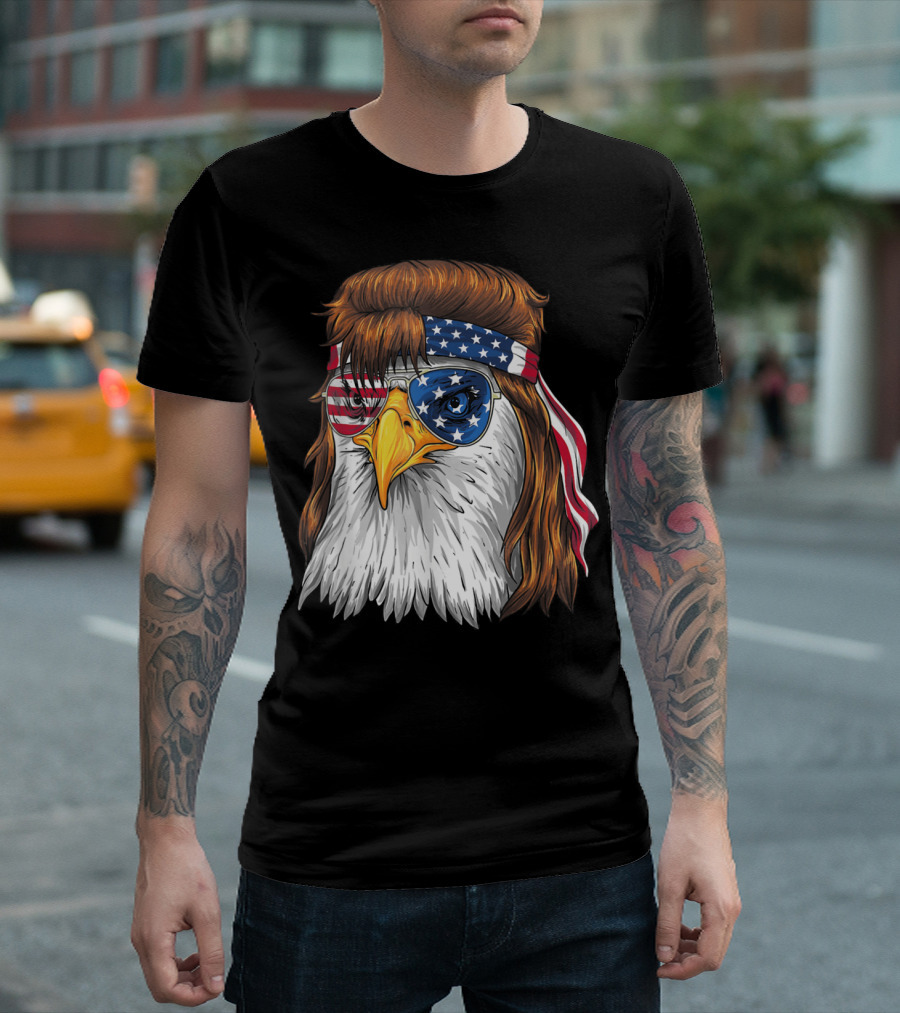 4th of July Funny Bald Eagle Mullet American Flag Bandana Patriotic Sunglasses T-Shirt