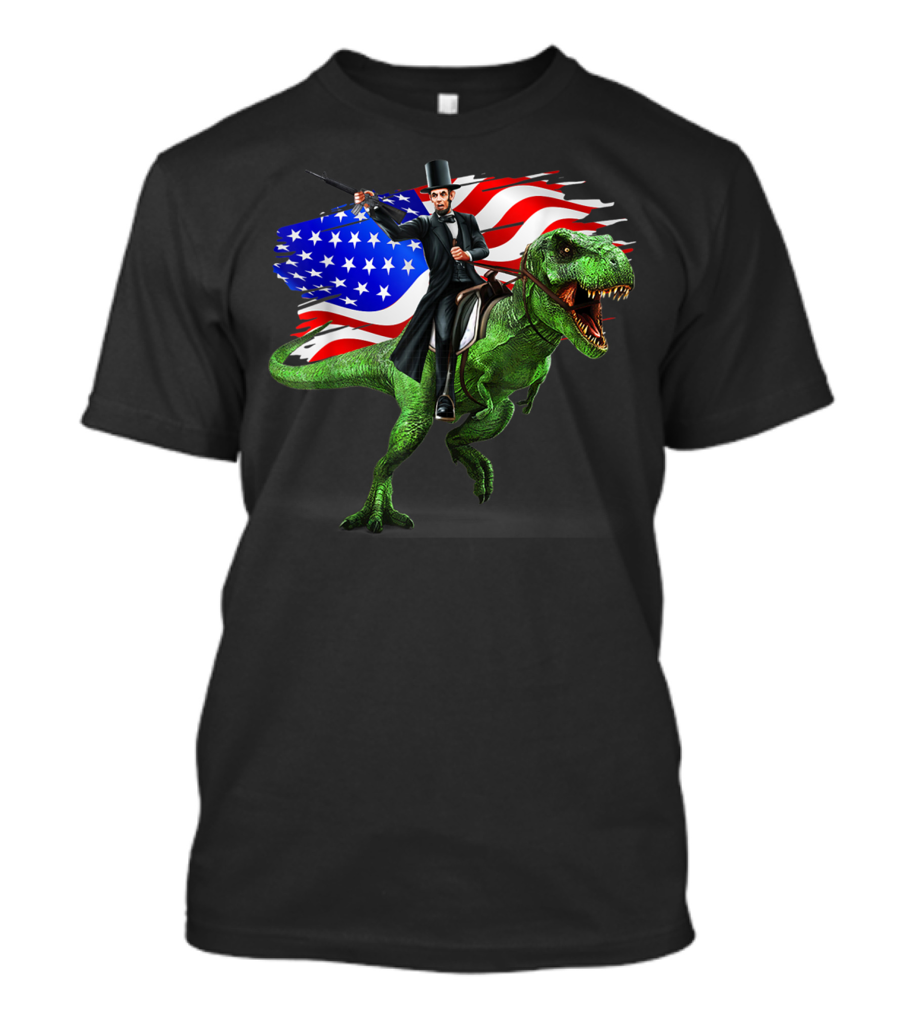 Abe Lincoln Riding T-Rex With American Flag Background Funny 4th Of July T-Shirt