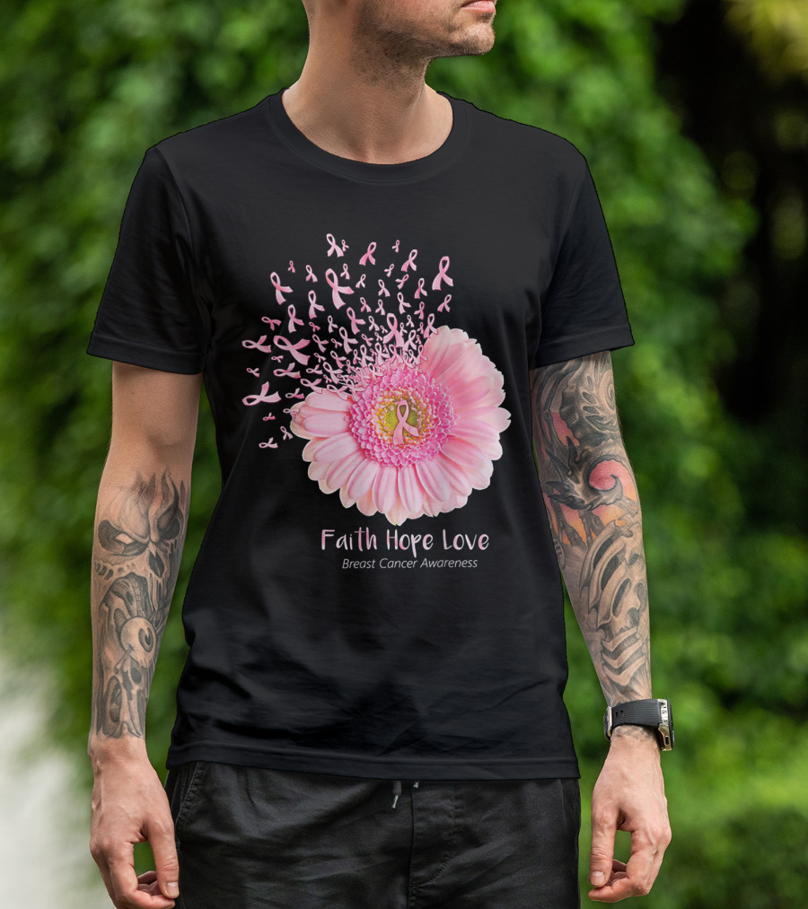 Faith Hope Love Breast Cancer Awareness Ribbon Daisy T-Shirt