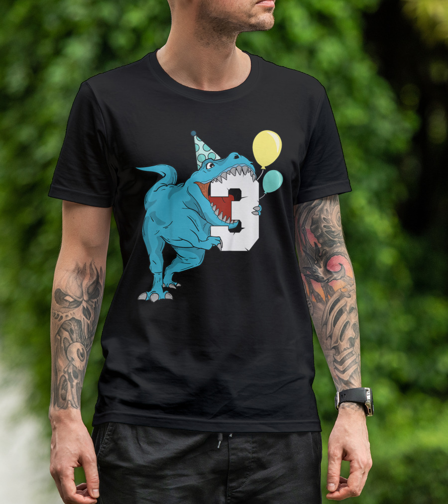 Kids Dinosaur 3rd Birthday Boys Rex Balloons Party Hat T-Shirt