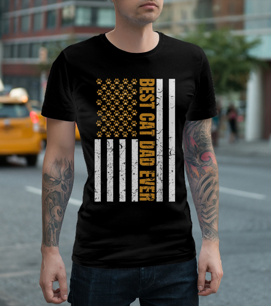 Best Cat Dad Ever American Flag Paw Print Stripes T-Shirt