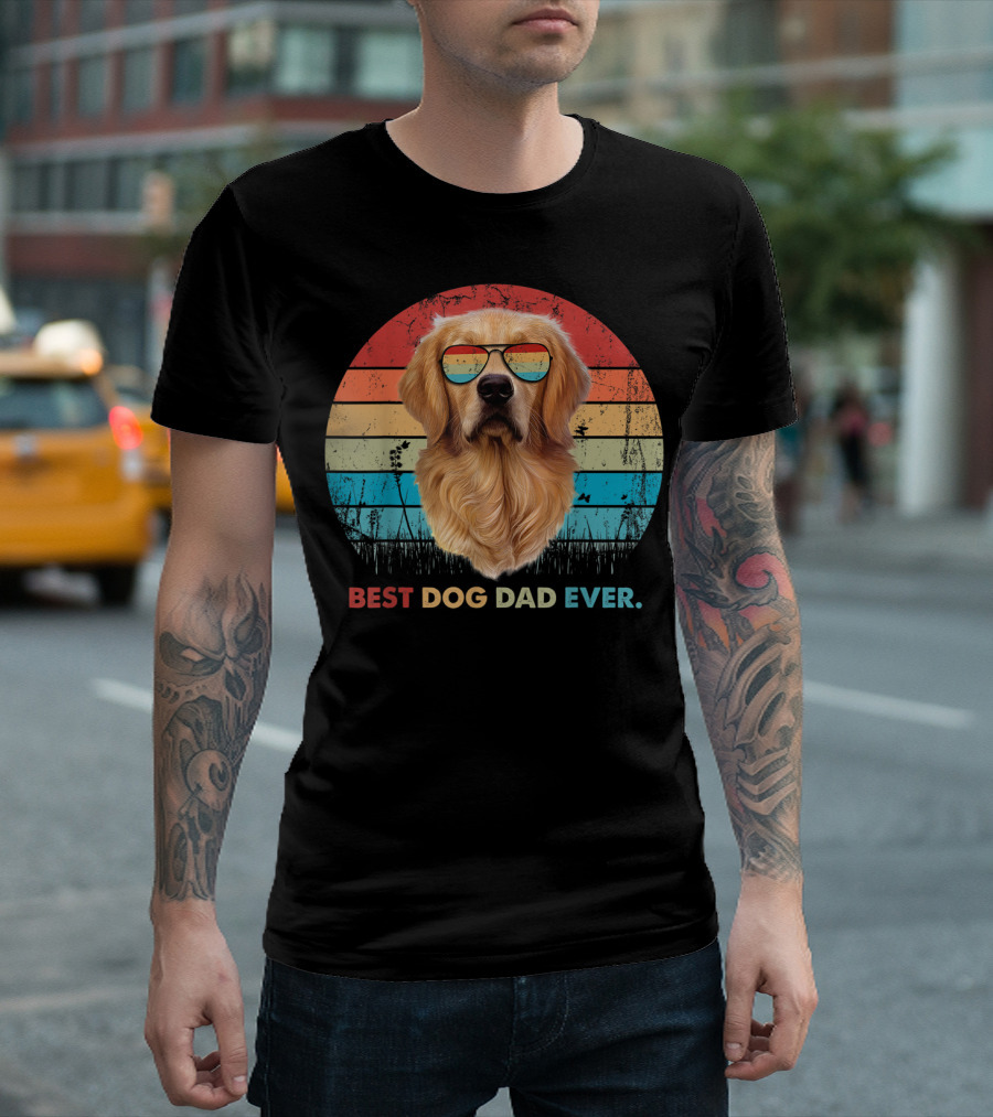 Best Dog Dad Ever Golden Retriever With Sunglasses Retro T-Shirt