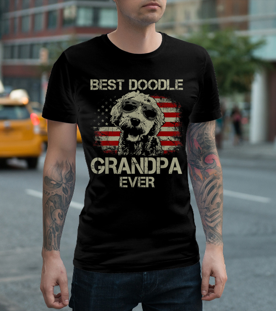 Best Doodle Grandpa Ever Goldendoodle American Flag Sunglasses T-Shirt