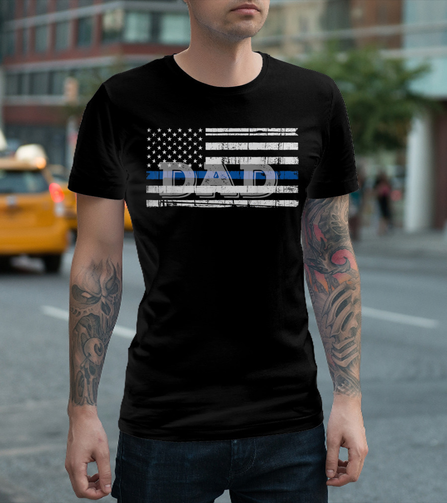 Mens Police Dad American Flag Thin Blue Line Papa T-Shirt