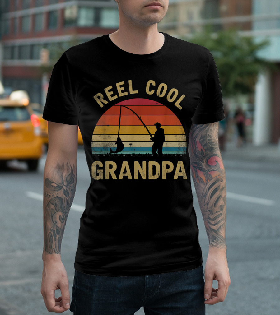Reel Cool Grandpa Vintage Fishing Silhouette Retro Sunset T-Shirt