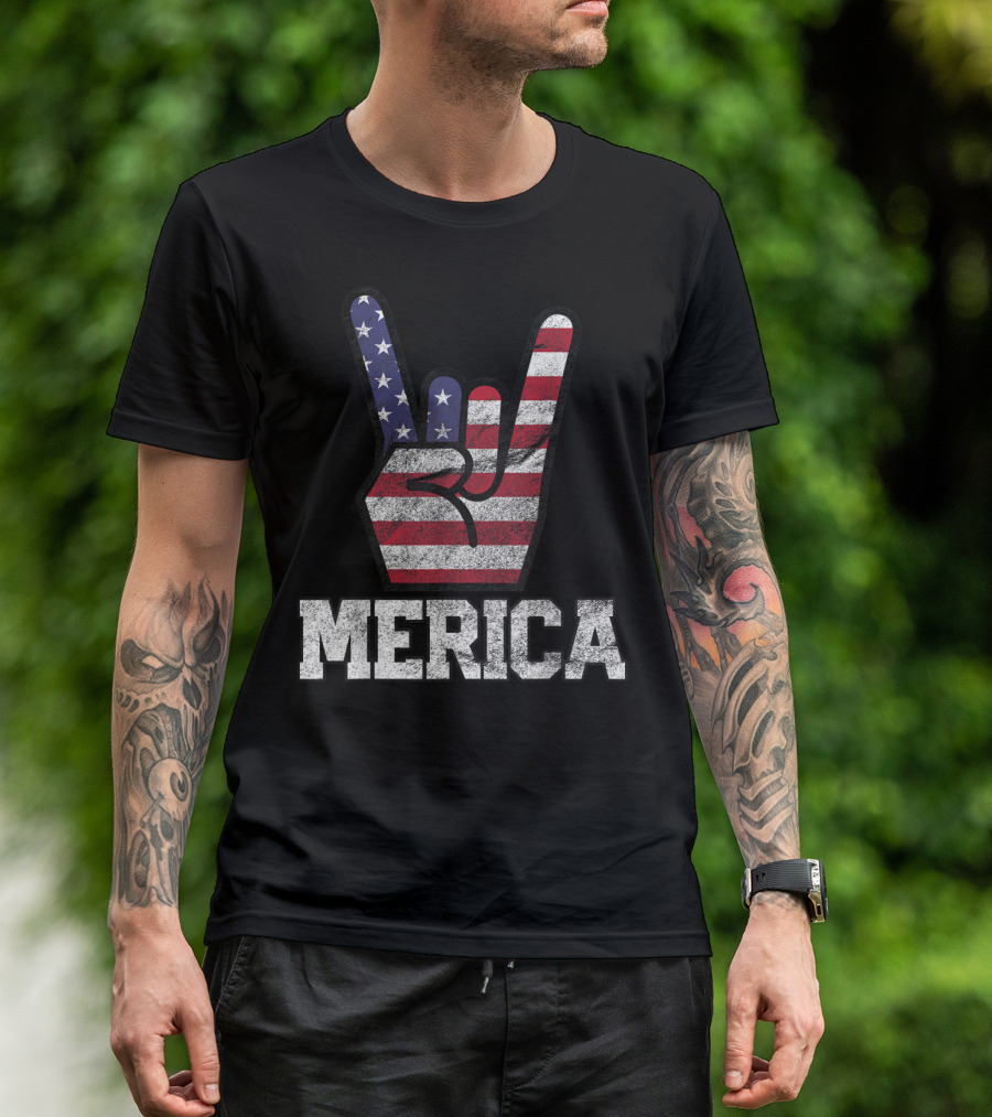 Merica Vintage American Flag Rock Sign 4th Of July T-Shirt